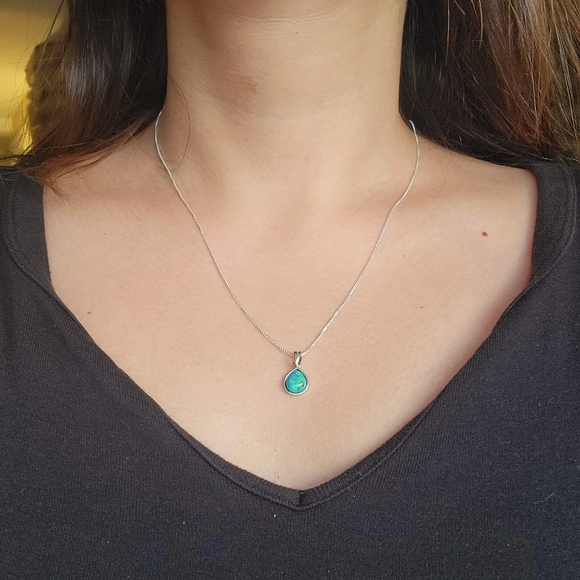 New Solid 925 Sterling Silver Genuine Turquoise Dainty Teardrop Necklace - Picture 8 of 12